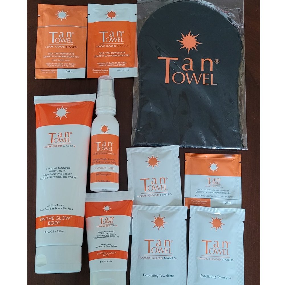 TAN TOWEL BUNDLE! Glow Plus Mist Moisturizer Exfoliating Face & Applicator Mitt!